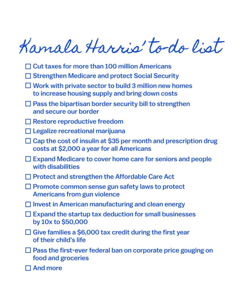 Image of Kamala Harris's to-do list, transcribed below